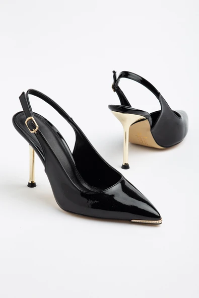 Kadın İnce Topuklu Stiletto Siyah Rugan Metal Taş Aksesuarlı ürün görseli 1