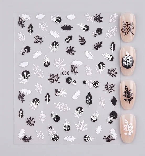 Siyah Beyaz Yaprak Dizayn Tırnak Sticker Tırnak Etiketi Nail Art JO-1056W ürün görseli 1