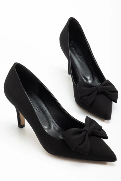 Büyük Beden Kadın Stiletto İnce Topuklu Ayakkabı Siyah Saten Fiyonklu ürün görseli 1
