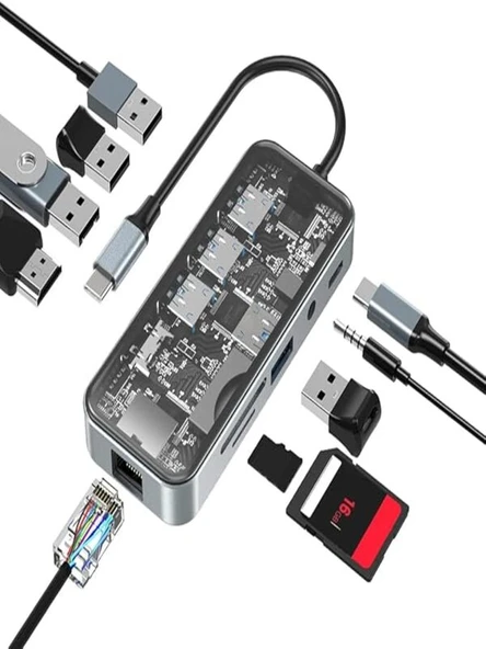 HC-87 Type-c to usb PD 100Watt RJ45 Ethernet USB Çoklayıcı Çevirici USB AUX Mikro Macbook Uyumlu ürün görseli 1