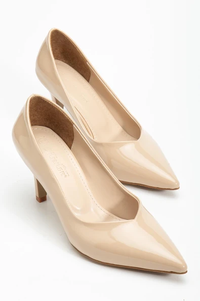 Büyük Beden Kadın Stiletto İnce Topuklu Ayakkabı Ten Rugan V Yüzlü ürün görseli 1