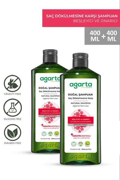 Agarta 2 Adet Saç Dökülmesine Karşı Bitkisel Biberiye İçeren Tuzsuz Şampuan 400 Ml ürün görseli 1