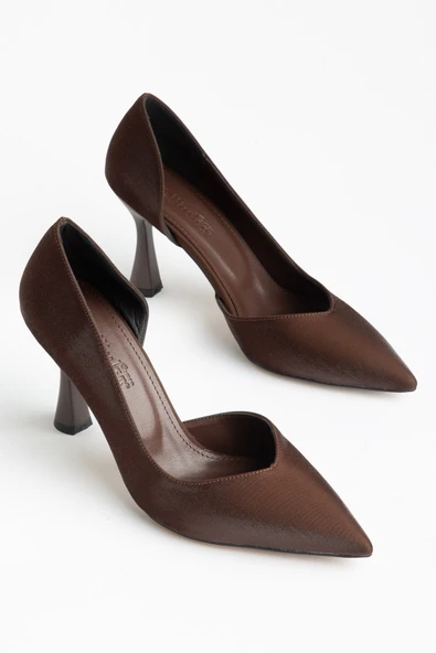 Büyük Beden Kadın İnce Topuklu Stiletto Kahverengi Parlak Saten Yan Açık ürün görseli 1