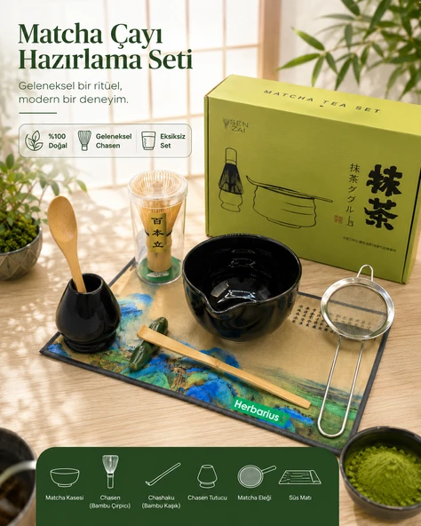 Herbarius 6 Parça Siyah Renk Matcha Çayı Hazırlama Seti - Geleneksel Japon Matcha Seti ürün görseli 1