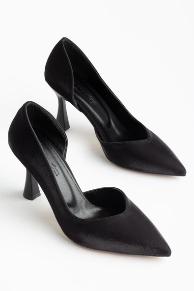 Büyük Beden Kadın İnce Topuklu Stiletto Siyah Parlak Saten Yan Açık ürün görseli 1