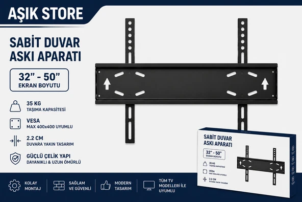 Sabit TV Askı Aparatı 32-50 İnç Universal TV Duvar Askısı VESA 400x400 35 Kg LCD LED OLED QLED Metal Gövde ürün görseli 1