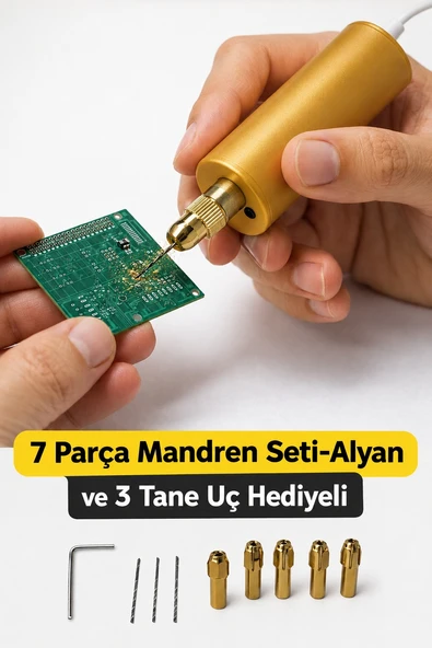 MurayTekno USB Mini Drill Matkap Seti 7 Parça Mandren Seti, 3 Adet Mikro Matkap Ucu,hassas Delme ,dıy, Gold ürün görseli 1