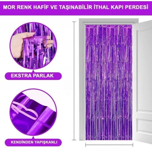 Ekstra Metalize Saçaklı Arka Fon Perde Mor ürün görseli 1