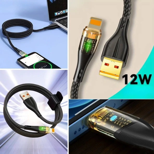 Led Işık Uçlu Sağlam İp Kablolu USB to Lightning Hızlı Şarj Kablosu ürün görseli 1