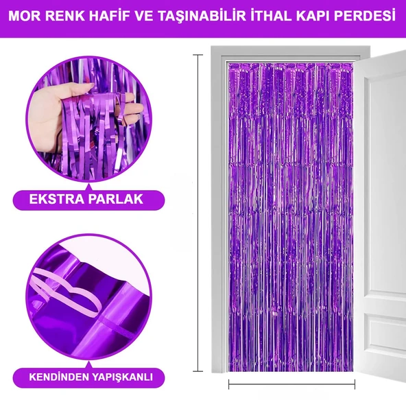 Mor Renk Ekstra Metalize Parlak Saçaklı Arka Fon Perde İthal A Kalite 1x2 Metre ürün görseli 1