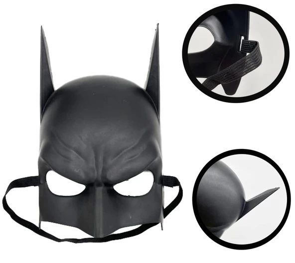 Siyah Renk Çocuk Boy Arkadan Lastikli Batman Maskesi A Kalite  20x14 cm ürün görseli 1
