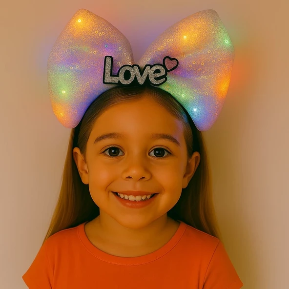 LED Işıklı Love Yazılı Pembe Fiyonk Taç – Kız Çocuk Parti Tacı ürün görseli 1