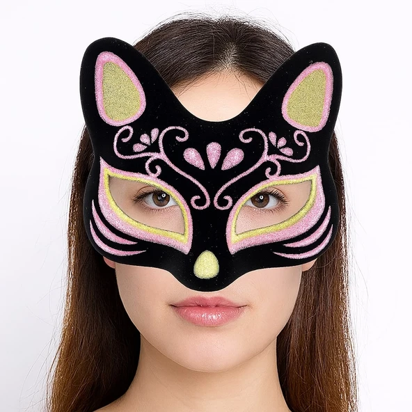 Siyah Renk Süet Kaplama Üzeri Sarı Pembe Simli Kedi Maskesi 17x14 cm ürün görseli 1