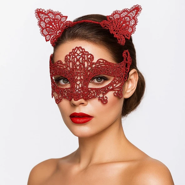 Romantik Kırmızı Dantel Maske Seti – Kedi Kulaklı Taç ve Maske 3 No ürün görseli 1