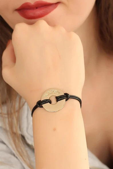 HAPPY (Mutlu) Siyah Deri İpli Unisex Mood Bileklik ürün görseli 1