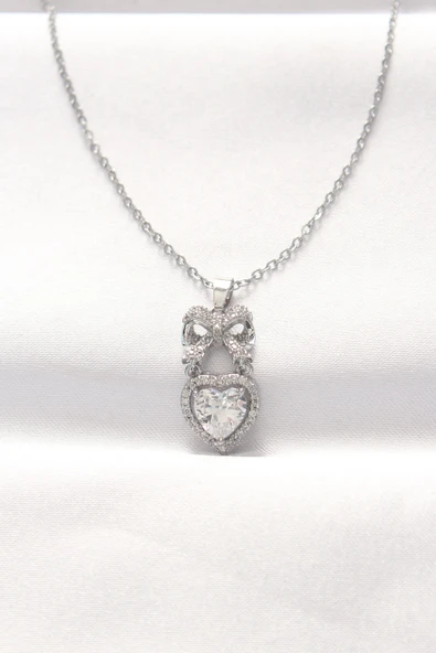 316L Çelik Silver Renk Zirkon Taşlı Kalpli Fiyonk Kolye ürün görseli 1