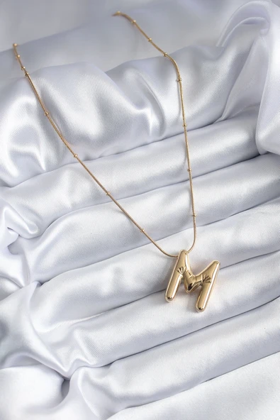 316L Çelik Gold Renk Bubble "M" Harf Model Kadın Kolye - Resim 2