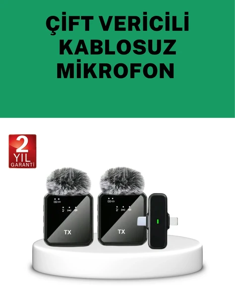 Canlı Yayın ve Video Çekimleri İçin Çiftli Kablosuz Yaka Mikrofon ürün görseli 1
