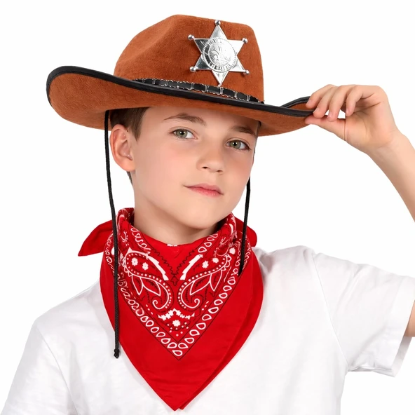 Çocuk Kovboy Şapka Rozetli Kahverengi & Kırmızı Bandana Fular Seti ürün görseli 1