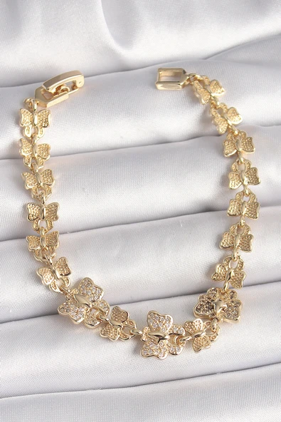 Pirinç Gold Renk Zirkon Taşlı Kelebek Model Zincir Kadın Bileklik ürün görseli 1