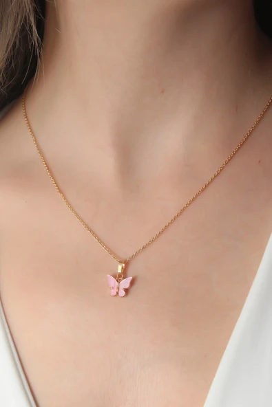 Gold Pembe Renk Kelebek Figür Kadın Kolye ürün görseli 1