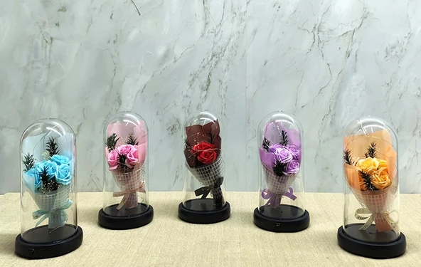 Işıklı Müzikli Fanus içinde Gül Buketi - Resim 2