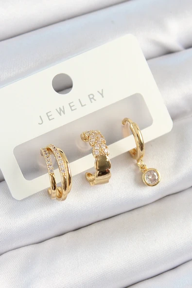 Pirinç Zirkon Taşlı Halka Model Gold Renk 3'lü Çift Kadın Küpe Set ürün görseli 1