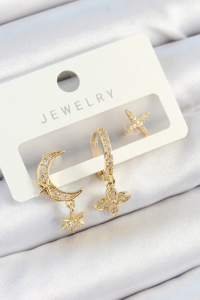 Pirinç Zirkon Taşlı Çiçek Ve Ay Model Gold Renk 3'lü Çift Kadın Küpe Set ürün görseli 1