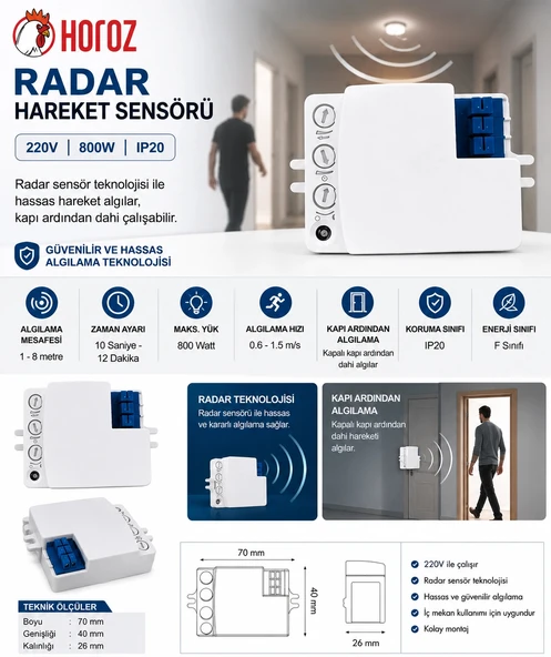 HOROZ POLO-S Radar Hareket Sensörü 800w (Micro Dalga RF Sensör Tipi) Açı 360 Derece Işık Süre ve Mesafe Ayarlı Sensör ürün görseli 1