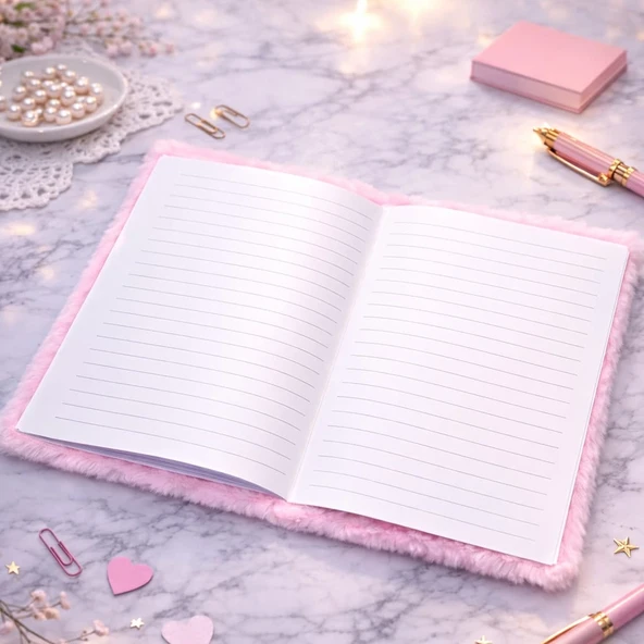 Kalpli Pembe Peluş Defter - Resim 3