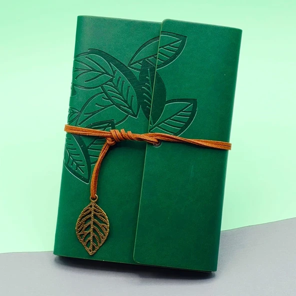Yeşil Yaprak Desenli Deri Defter - Resim 2