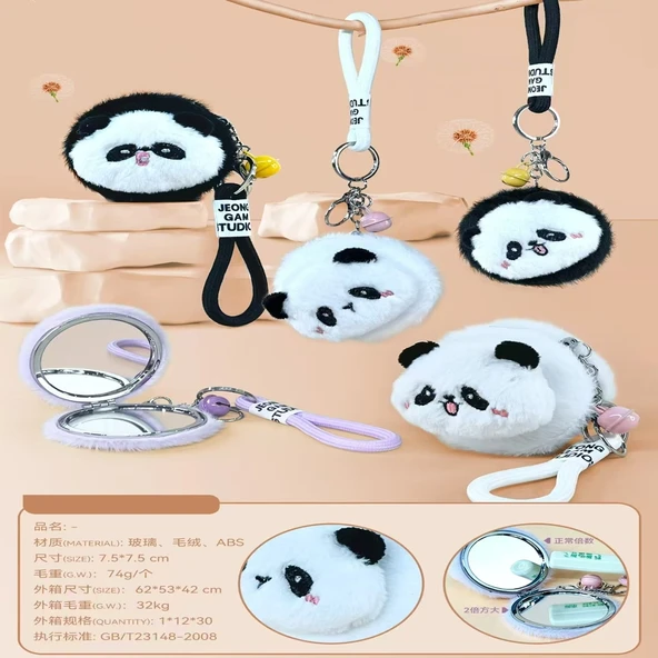 Sevimli Panda Tasarımlı Peluş Anahtarlıklı Ayna - Resim 2