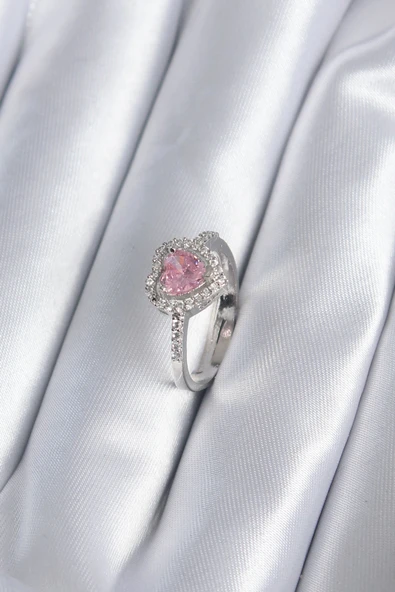 Pirinç Gümüş Renk Pembe Zirkon Taş Kalp Charm Model Kadın Yüzük ürün görseli 1