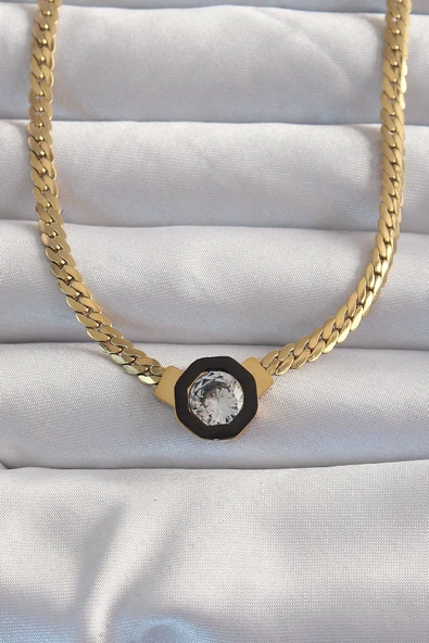 316L Çelik Gold Renk Ezme Zincir Zirkon Taşlı Mineli Serenay Kolyesi ürün görseli 1
