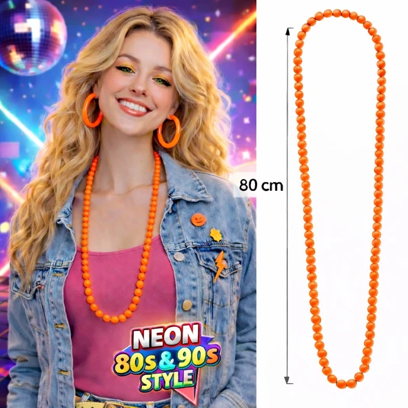 Neon Turuncu Boncuk Kolye 80 cm – Retro 80’ler 90’lar Parti Aksesuarı ürün görseli 1