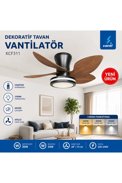 Vanti KCF311 30W Kumandalı LED Işıklı Dekoratif Tavan Vantilatörü 5 Kanatlı Ahşap Görünümlü Sessiz Fan 28'' ürün görseli 1