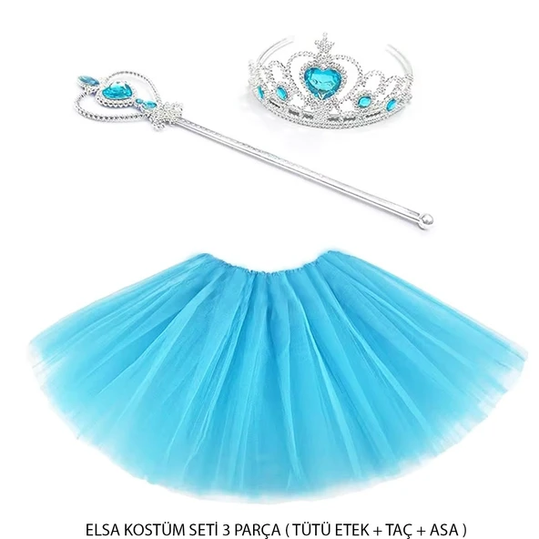 Mavi Prenses Elsa Kostüm Seti 3 Parça (Tütü Etek + Taç + Asa ) ürün görseli 1