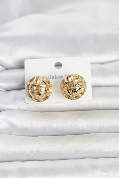 316L Çelik Gold Renk Desenli Top Model Kadın Küpe ürün görseli 1