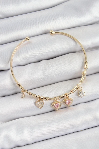 Pirinç Zirkon Taşlı Pembe Kalp Model Gold Renk Charm Bileklik ürün görseli 1