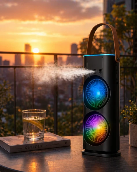 Şarjlı Buharlı Serinletici Fan RGB Işıklı Çift Pervaneli Masa Fanı ürün görseli 1