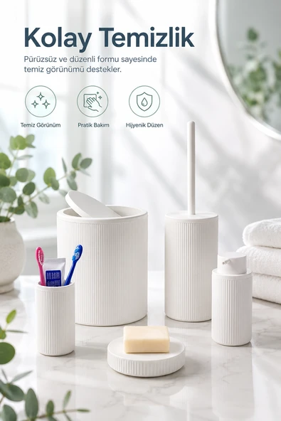 Modern Tasarımlı 5 Parça Banyo Aksesuar Seti Beyaz Renk Sabunluk ve Fırçalık Dahil ürün görseli 1