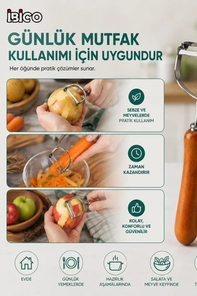 Ahşap Saplı Tek Başlıklı Metal Sebze ve Meyve Soyacağı Ergonomik Mutfak Aparatı ürün görseli 1