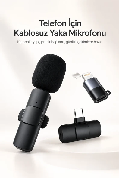 Kablosuz Yaka Mikrofonu USB-C ve Lightning Uyumlu Tak Çalıştır Telefon Kayıt Mikrofonu ürün görseli 1