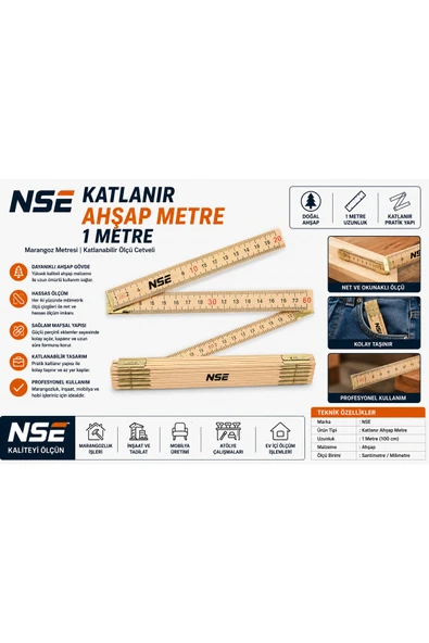 NSE Katlanır Ahşap Metre 1 Metre – Marangoz Metresi Katlanabilir Ölçü Cetveli ürün görseli 1