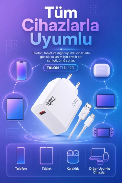 Akıllı Çip Korumalı 120W Hızlı Şarj Cihazı Kablo Dahil Güvenli Dolum Seti ürün görseli 1