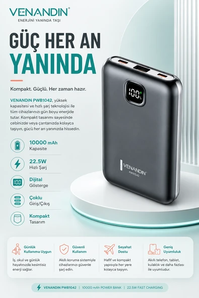 22.5W Hızlı Şarj Özellikli 10000 mAh Kapasiteli Kompakt Powerbank ürün görseli 1