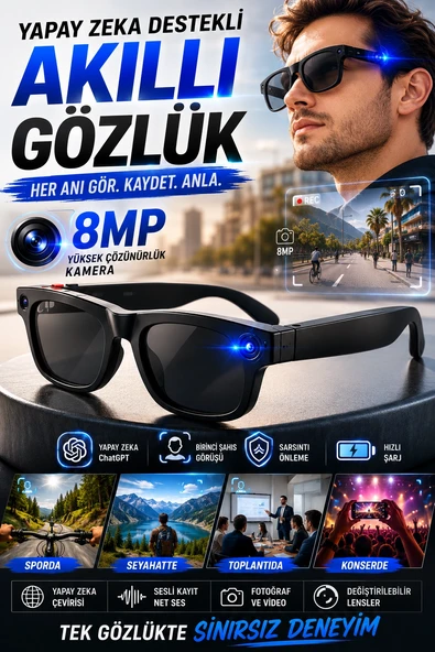 Birinci Şahıs Görüşlü 8MP Kameralı Yapay Zeka Akıllı Gözlük ChatGPT Destekli Model ürün görseli 1