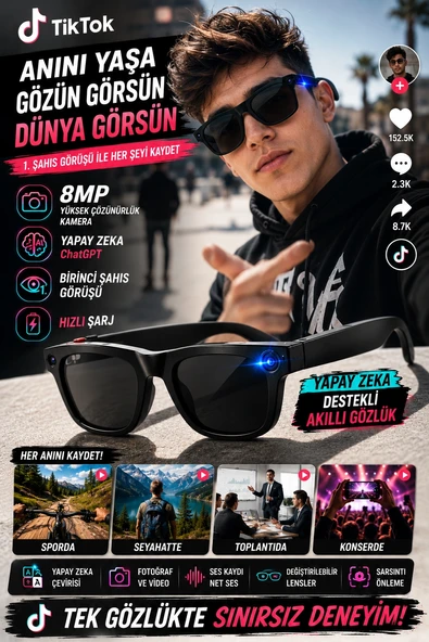 Yapay Zeka Asistanlı 8MP Kameralı Akıllı Gözlük ChatGPT Destekli Fotoğraf ve Video Kayıtlı ürün görseli 1