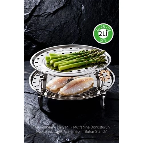 2'li Set Inox Çelik Ayaklı Buharlı Pişirme Aparatı -  24+28 cm Çok Amaçlı Tencere İçi Haşlama Standı ürün görseli 1