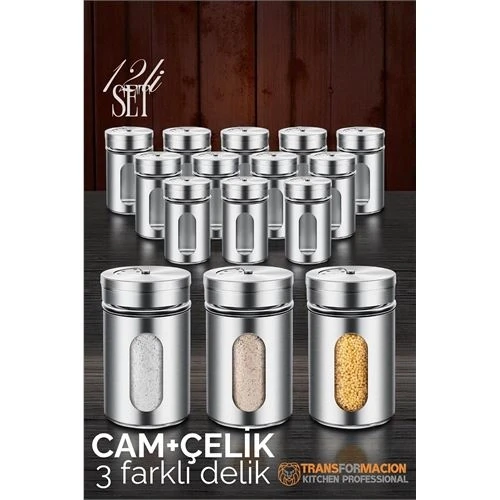 Cam+Çelik Tuzluk Biberlik Karabiberlik 3 Farklı Delikli 12 li SET 721946 ürün görseli 1